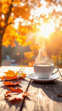 秋の木漏れ日の中で湯気が立ち上る温かいコーヒーカップの風景　木製のテーブルと落ち葉が置かれた落ち着いた雰囲気の縦型動画素材　カフェの心地よい朝の時間を表現する映像素材　朝食やリラックスタイムの導入映像やプレゼン資料の背景としても活用できる美しい光の演出の動画素材