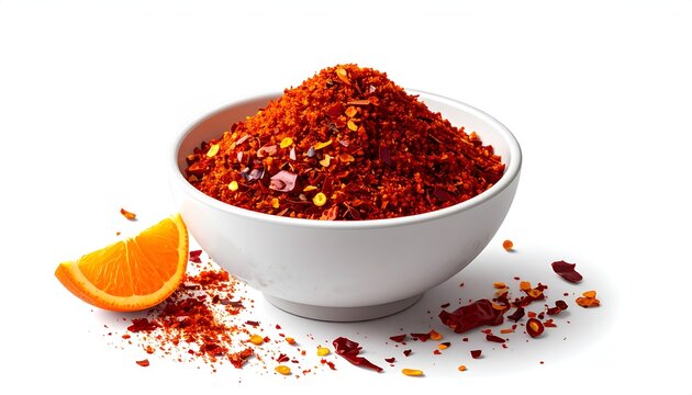 A white ceramic bowl filled with vibrant red crushed chili pepper flakes gochugaru on white