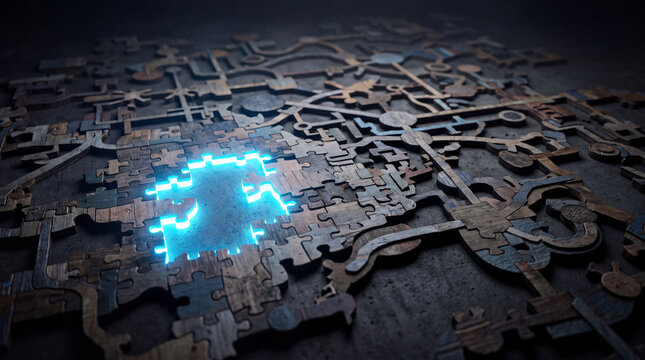 A mesmerizing puzzle-like structure featuring intricate dark shapes with a glowing blue piece missing in the center, creating a sense of mystery