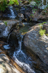 A small, clear stream cascades gently through a rocky mountain gorge © wundermann