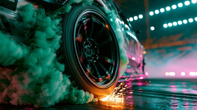 Jaw-dropping automotive action with a drift car releasing a huge wave of glowing emerald green smoke at sunset.