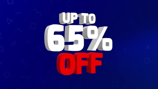 65 Percent Off Sale Discount Animation. Up to 65% Off Promotional Offer. Animated 65% Off Sale Text and Discount Banner for Retail, Black Friday, Seasonal Sales, Flash Deals and Marketing Videos.