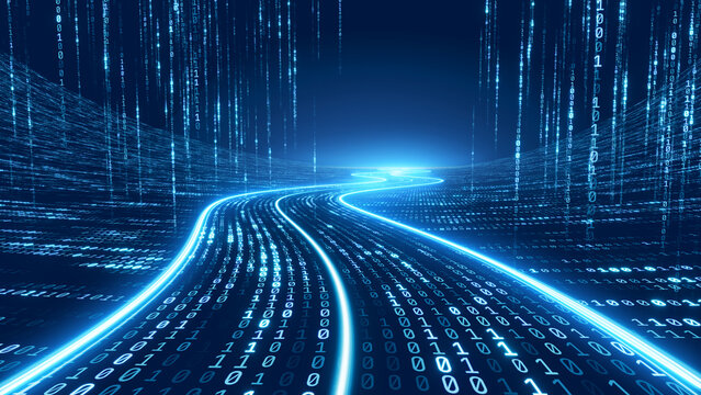 Binary data moving on a digital road, Streaming data, - Digital Code road, ai, artificial intelligence concept - 3d illustration