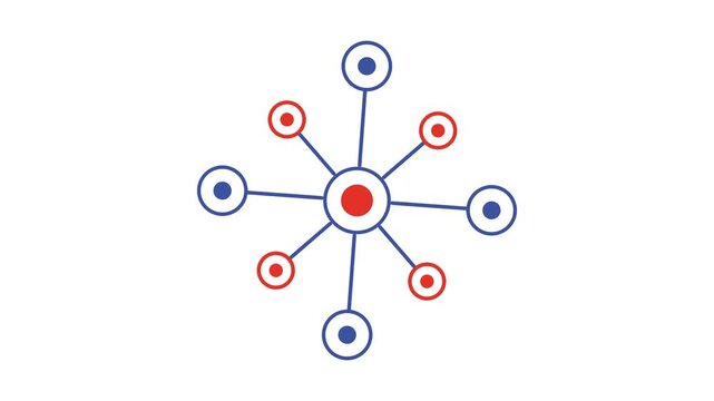 Rotating circular network connection icon with blue and red nodes