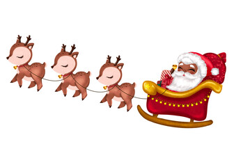 Hand-painted diverse Black Santa riding gold sleigh pulled by three cute reindeer with bells. White background. Perfect for inclusive Christmas, holiday greeting card and children design projects. © Habitus Art