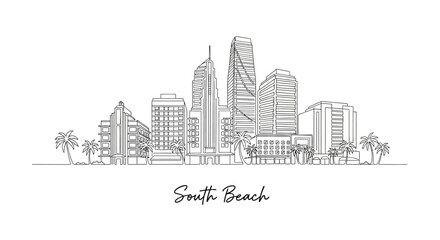 Obraz premium South Beach Skyline Sketch: Modern Architecture and Palm Trees in Vector Art