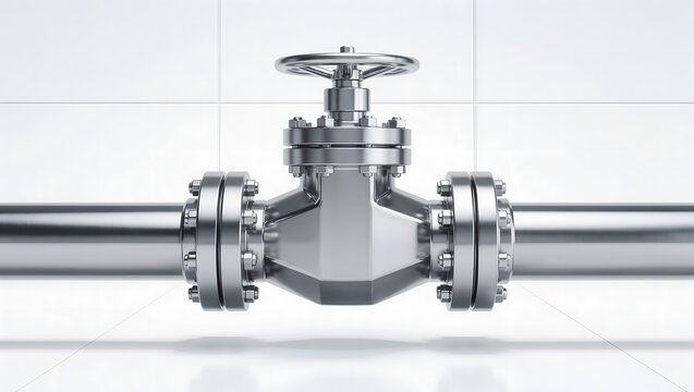 Polished stainless steel industrial valve assembly connected to pipe in clean studio background. Flanged shut-off gate valve for high pressure fluid, gas, or chemical pipeline control.