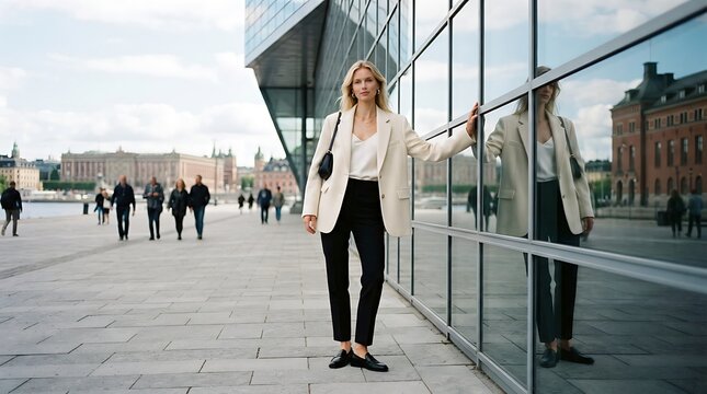 A confident blonde woman in a chic white blazer and black trousers poses elegantly by a modern glass building