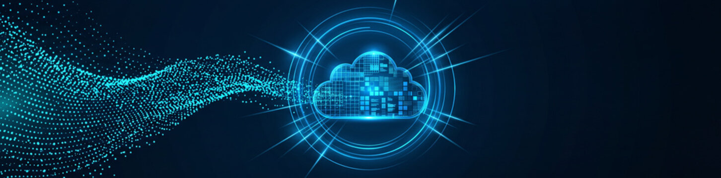 Abstract cloud computing technology background with glowing particle wave and digital data transfer concept