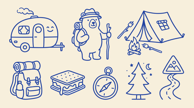 Camping Outdoor Adventure with Bear Mascot Doodle Set Hand Drawn Blue Line Art Vector Illustration