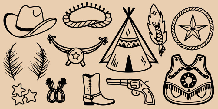 Western Cowboy Symbols And Items Black Vector Illustration On Beige