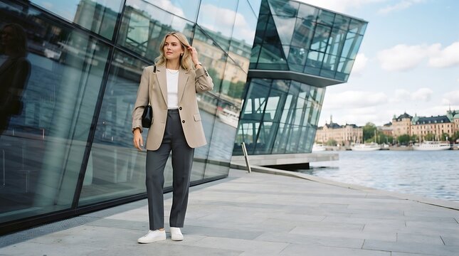 Young woman in elegant outfit walking by a modern glass building with a city view