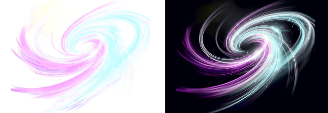 Luminous spiral light trails in pink and blue, abstract cosmic vortex energy motion on black and white backgrounds, glowing neon swirl wave effect
