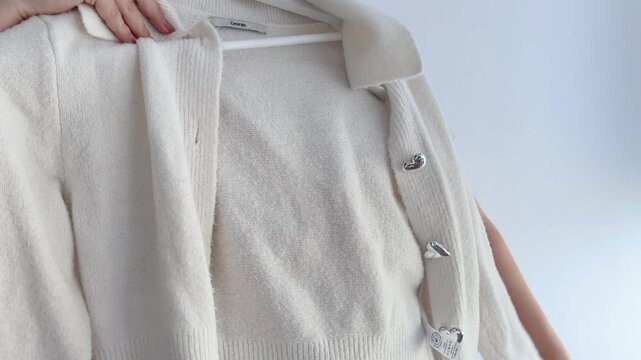 Woman showing a new stylish white knitted cardigan and top set on a hanger isolated on white background, highlighting its soft texture, fashion and cozy comfortable feel