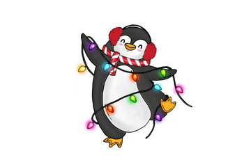 Obraz premium Cute Winter Penguin Wearing Earmuffs Tangled in Glowing Colorful Christmas Lights Art Sublimation Design