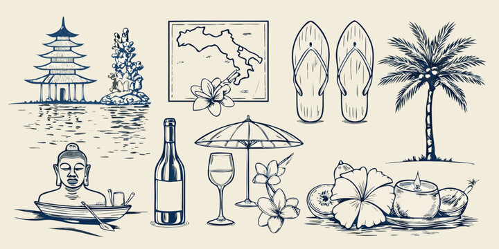 Bali Themed Sketch Illustrations Including Pagoda Map And Tropical Elements