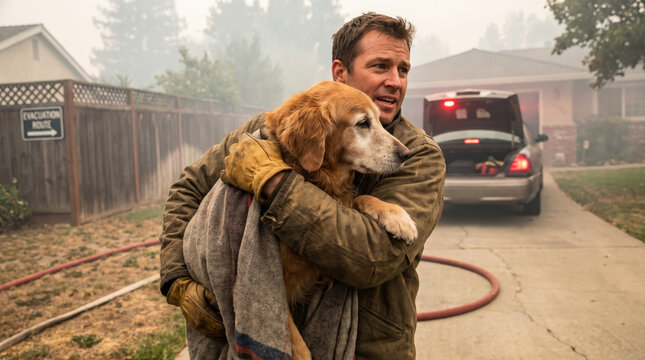 Man rescuing dog from wildfire disaster. Resident evacuating pet during emergency evacuation.