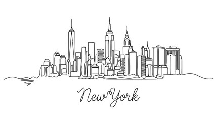 Fototapeta premium New York City Skyline, Continuous Line Drawing, Iconic Architecture