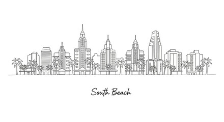 Obraz premium South Beach Miami Skyline Line Art Illustration with Palm Trees