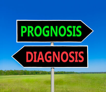 Prognosis vs diagnosis words symbol. Concept words Prognosis Diagnosis on beautiful black road sign. Beautiful blue sky background. Business medical prognosis vs diagnosis concept. Copy space.
