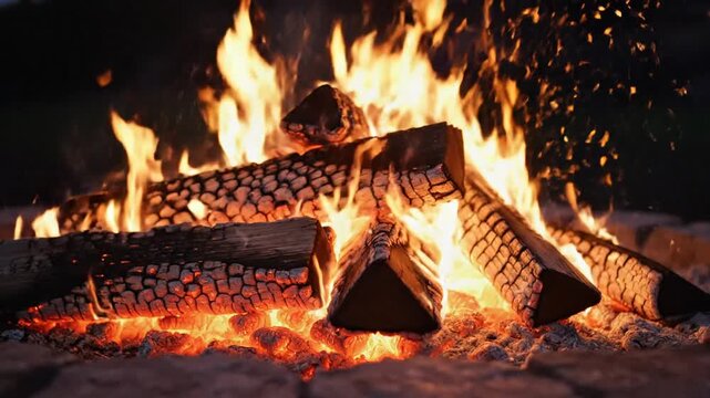 Bright orange flames burning brightly on wooden logs in a backyard fire pit at night.