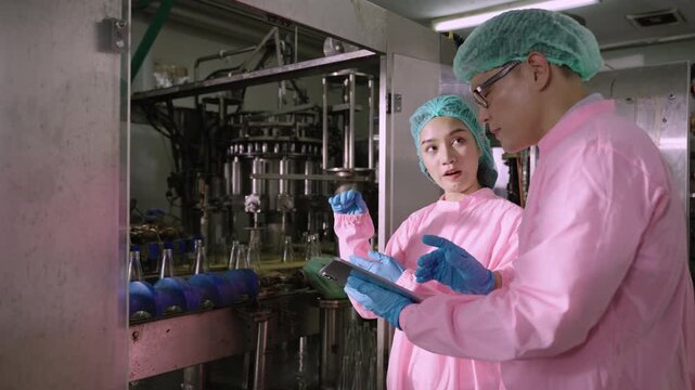 Professional Asian maintenance engineer and technician in food and beverage drink factory in uniform with tablet while talking and discussing machine operation in production line at industry facility.