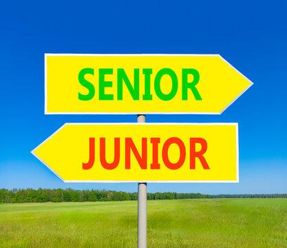 Senior or junior words symbol. Concept words Senior Junior on beautiful yellow road sign. Beautiful blue sky background. Business and senior or junior concept. Copy space.