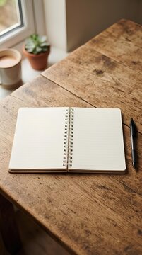 Blank notebook and pen top view. Notebook with blank paper for copy space