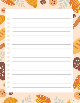   Color Bakery and coffee grocery list template with blank lines.Sweet pastry, croissants and donuts border frame on white background.