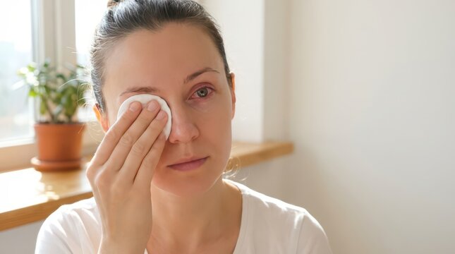 Closeup woman cleansing red irritated eye with cotton pad near window during seasonal allergies for skincare and health background