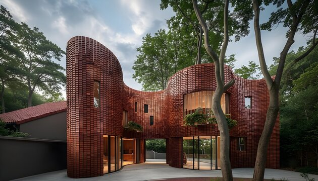 Circular red brick pavilion featuring a perforated screen facade, a central oculus roof framing the sky, and a serene reflecting water pool.