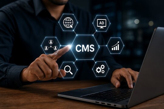 Businessman interacting with a cms digital interface on a laptop screen