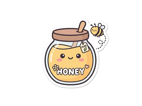 Kawaii Honey Jar and Bee Sticker: An adorable, smiling honey jar with a happy bee buzzing around, adorned with HONEY text and delicate floral accents, exuding sweetness and charm.