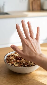Raised hand refusing bowl of mixed nuts for allergy awareness poster and educational food safety material