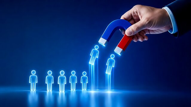 Hand holding a magnet attracting glowing blue human figures symbolizing recruitment, lead generation, and talent acquisition in corporate business strategy.