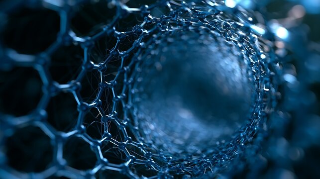 Macro view of carbon nanotube structure showing hexagonal molecular lattice.