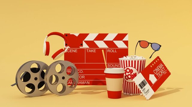 The concept of watching movies online at home with tablet and screen Surrounded by movie equipment, movie tickets, film reels, movie cameras Popcorn, drinks with armchair. 3d rendering animation loop.
