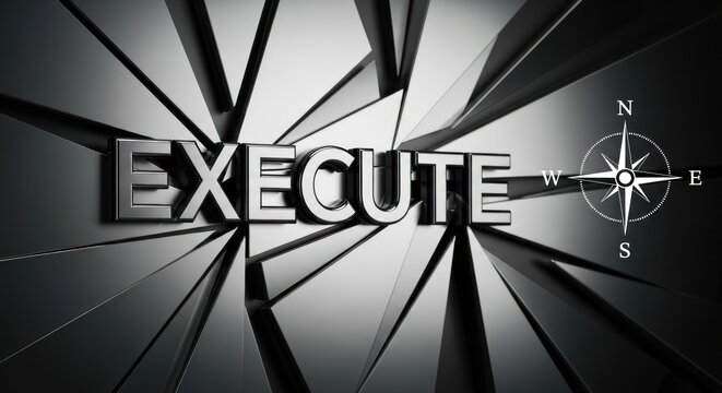 Execute text with compass on metallic 3d background, for strategic leadership, precise business implementation, operational excellence path toward professional success