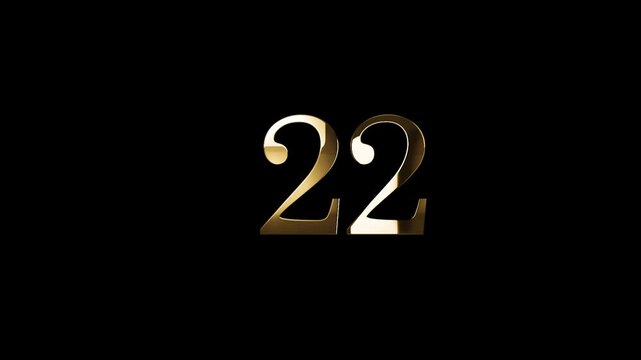 Number 22 in gold style with gold particles and transparent background, twenty two