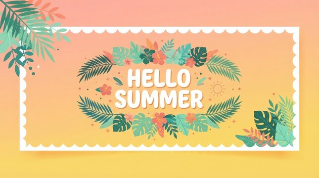 Warm sunshine and vibrant foliage embrace the welcoming inscription HELLO SUMMER celebrating the joyful arrival of the brightest season with lush botanical decorations and a cheerful ambiance