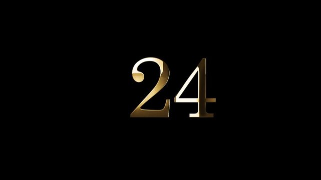 Number 24 in gold style with gold particles and transparent background, twenty four
