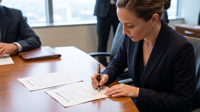 Close up image of woman signing contract during formal meeting in boardroom, buying company services, take loan or mortgage. Commitment of business parties concluding official deal at conference table