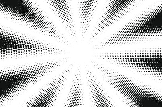 Black and white halftone radial burst pattern with comic book style retro sunburst design and dotted gradient texture for graphic backgrounds