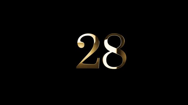 Number 28 in gold style with gold particles and transparent background, twenty eight