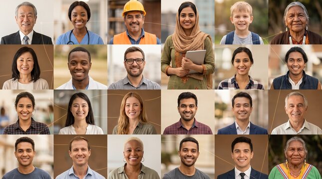 Variety for global harmony. Collage combining portraits happy people from diverse ethnic backgrounds age genders professions. Life medical insurance company database. Wide panorama for website banner.