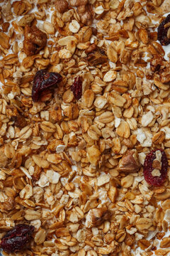 Granola with Rolled Oats, Walnuts and Dried Cranberries in Milk, Full Frame Food Background