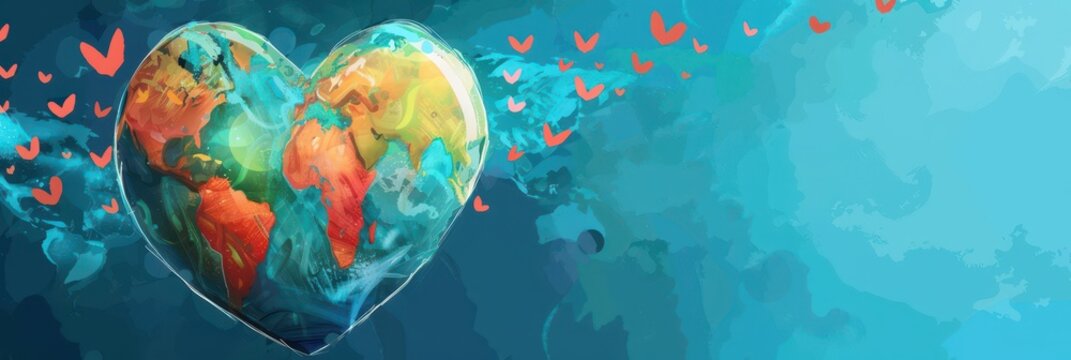 Heart shaped earth illustration with flying hearts for international day of charity banner and social media background promoting love and global unity. Flat illustartion. Copy space