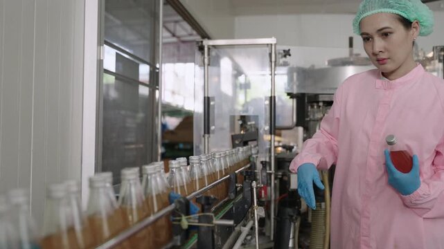 Professional Asian quality control inspector in a uniform food and drink factory inspecting fruit juice bottles while moving on conveyor belt in the beverage production line at manufacturing industry.