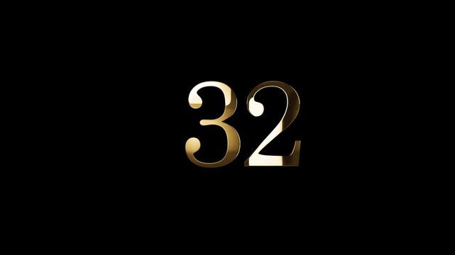 Number 32 in gold style with gold particles and transparent background, thirty two
