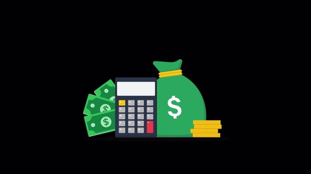 Animated Calculator with Money Bag and Cash Stacks - Transparent